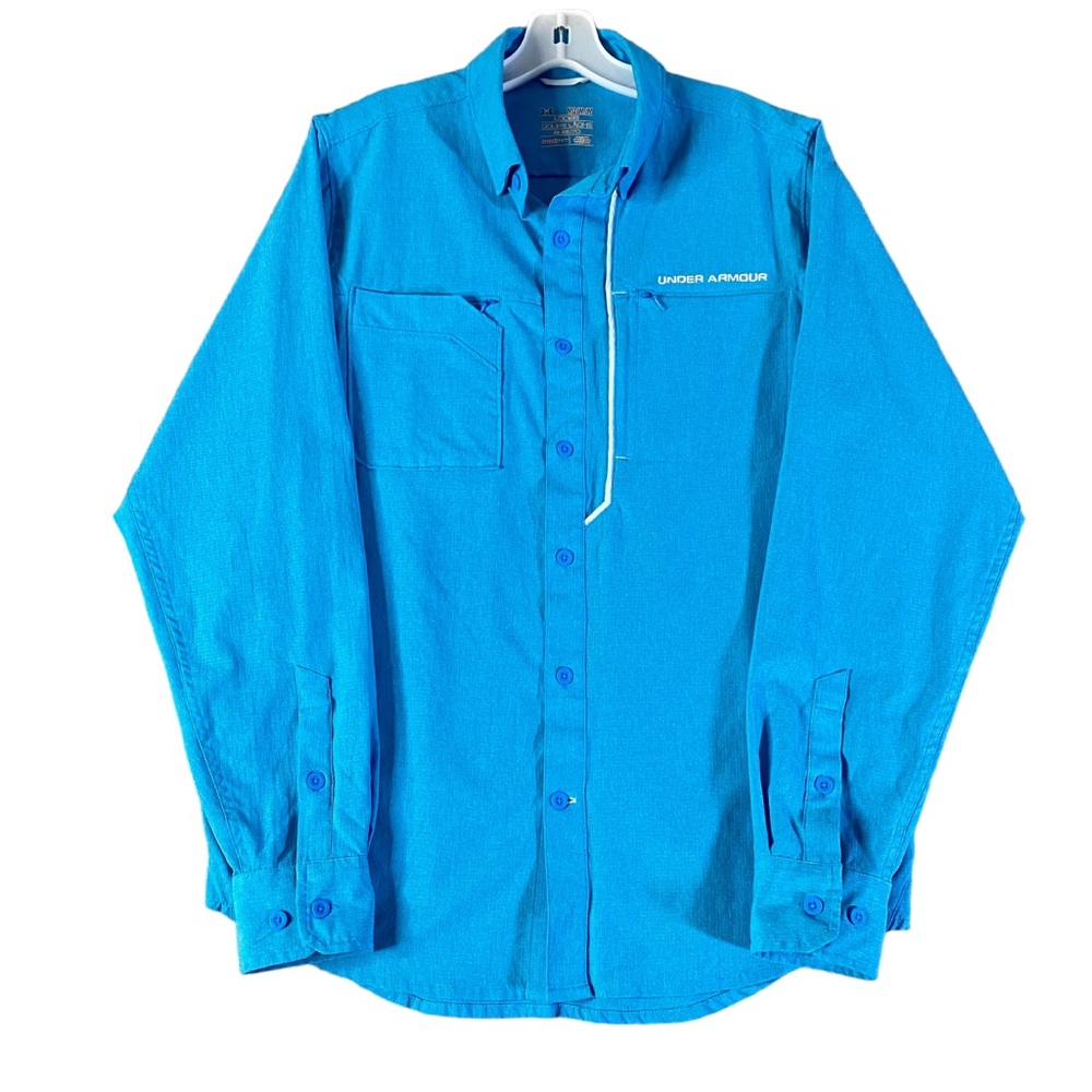Under Armour Shirt Mens Medium Blue Loose Heat Gear Button Long Sleeve